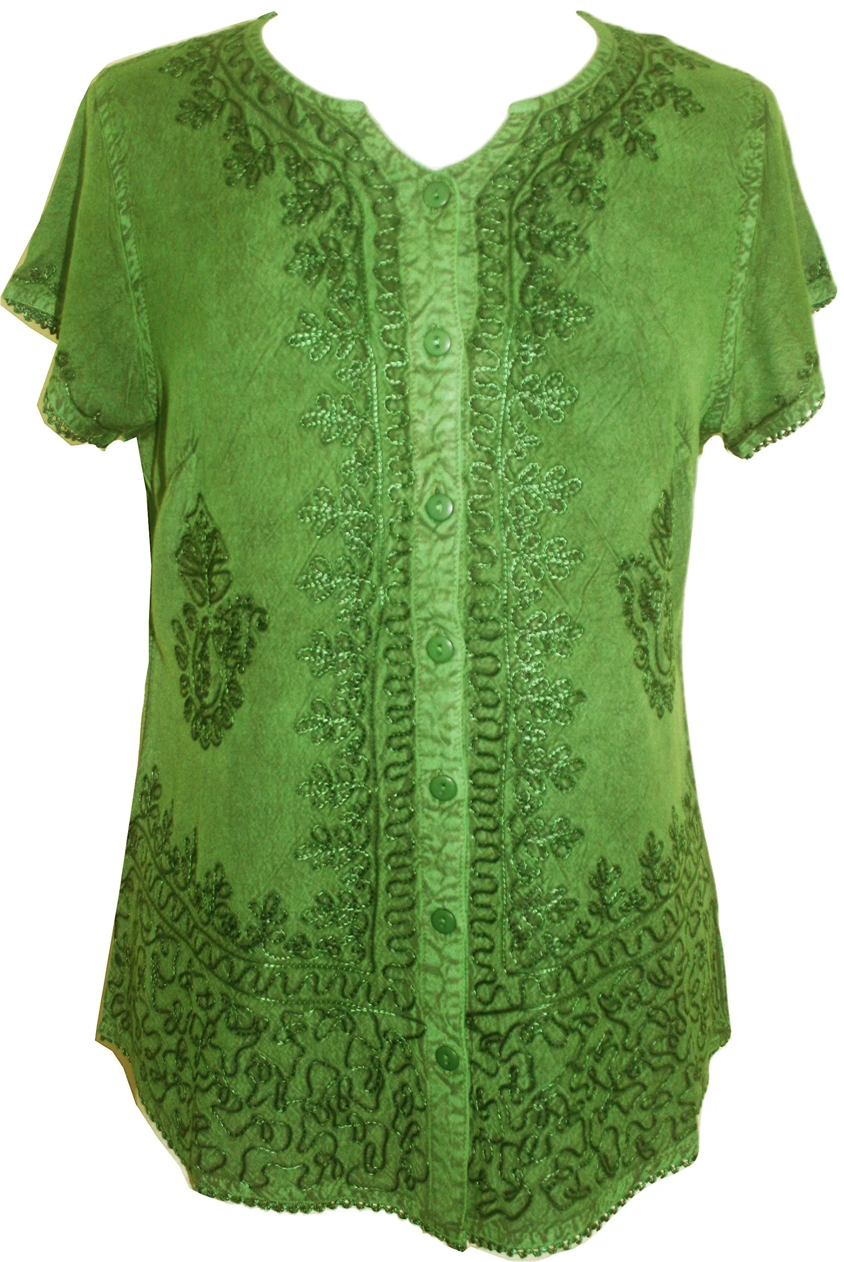 144 B Medieval  Embroidered Button Down Cap Sleeve Shirt Blouse