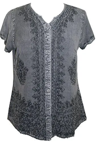 144 B Medieval  Embroidered Button Down Cap Sleeve Shirt Blouse
