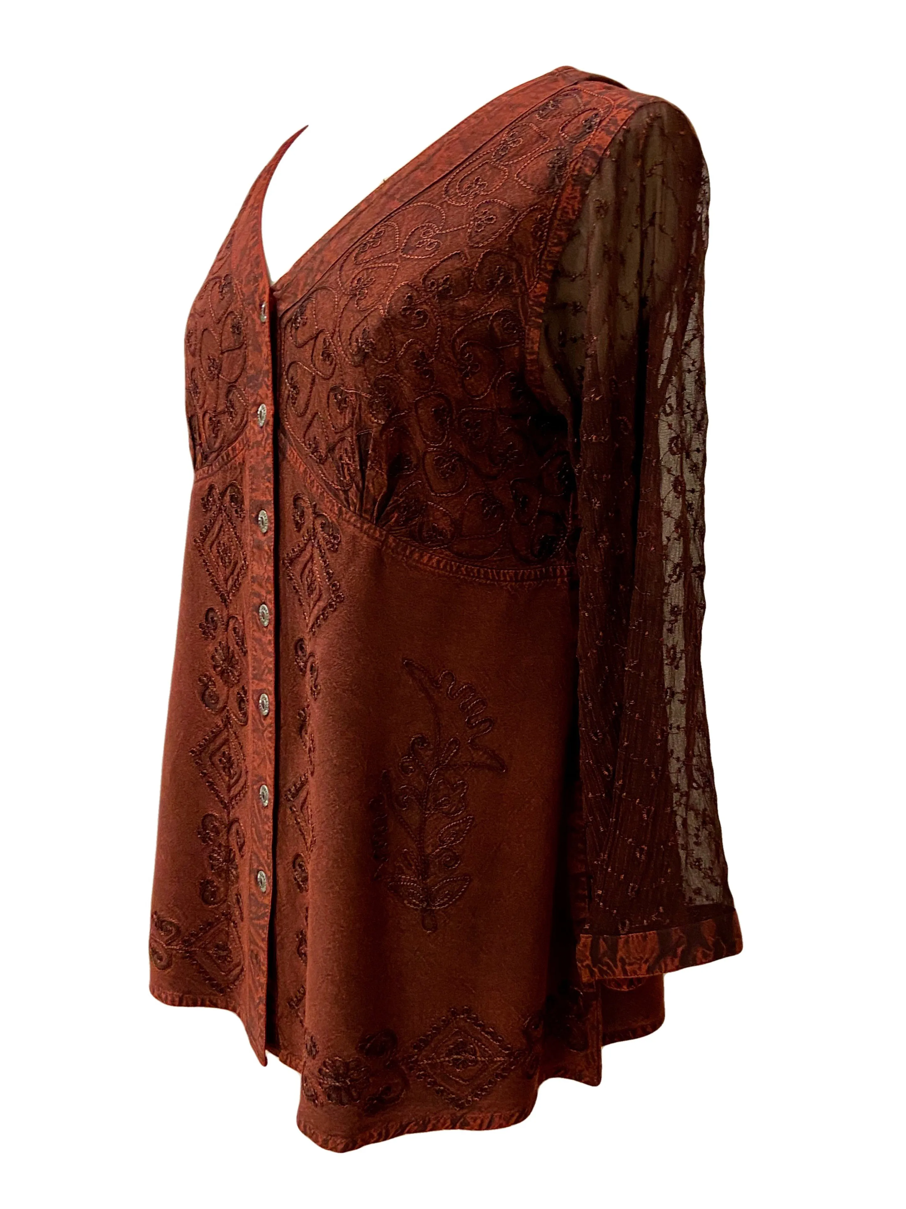 151 B Medieval Victorian Gothic embroidered button down sheer lace sleeve blouse