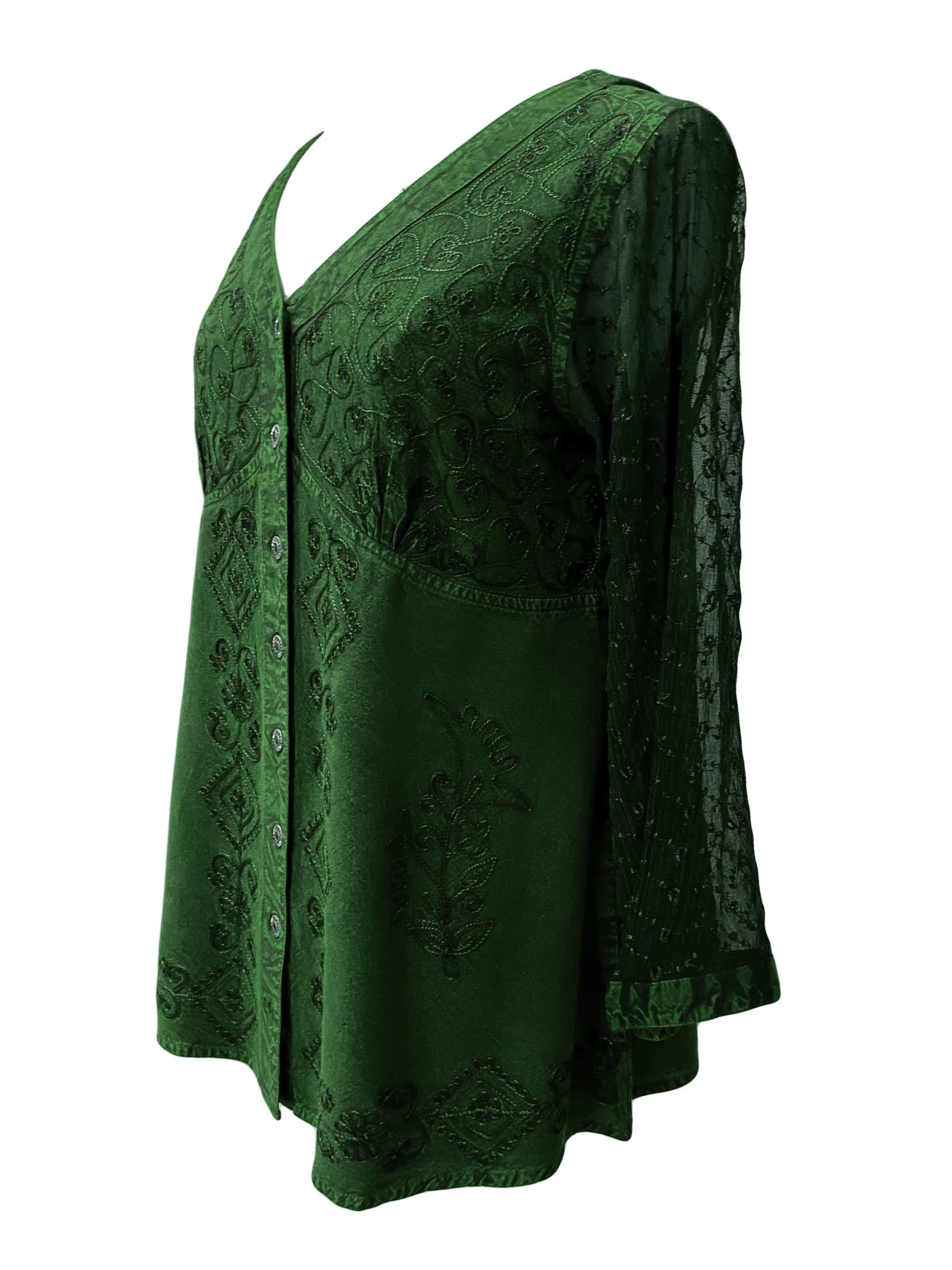 151 B Medieval Victorian Gothic embroidered button down sheer lace sleeve blouse