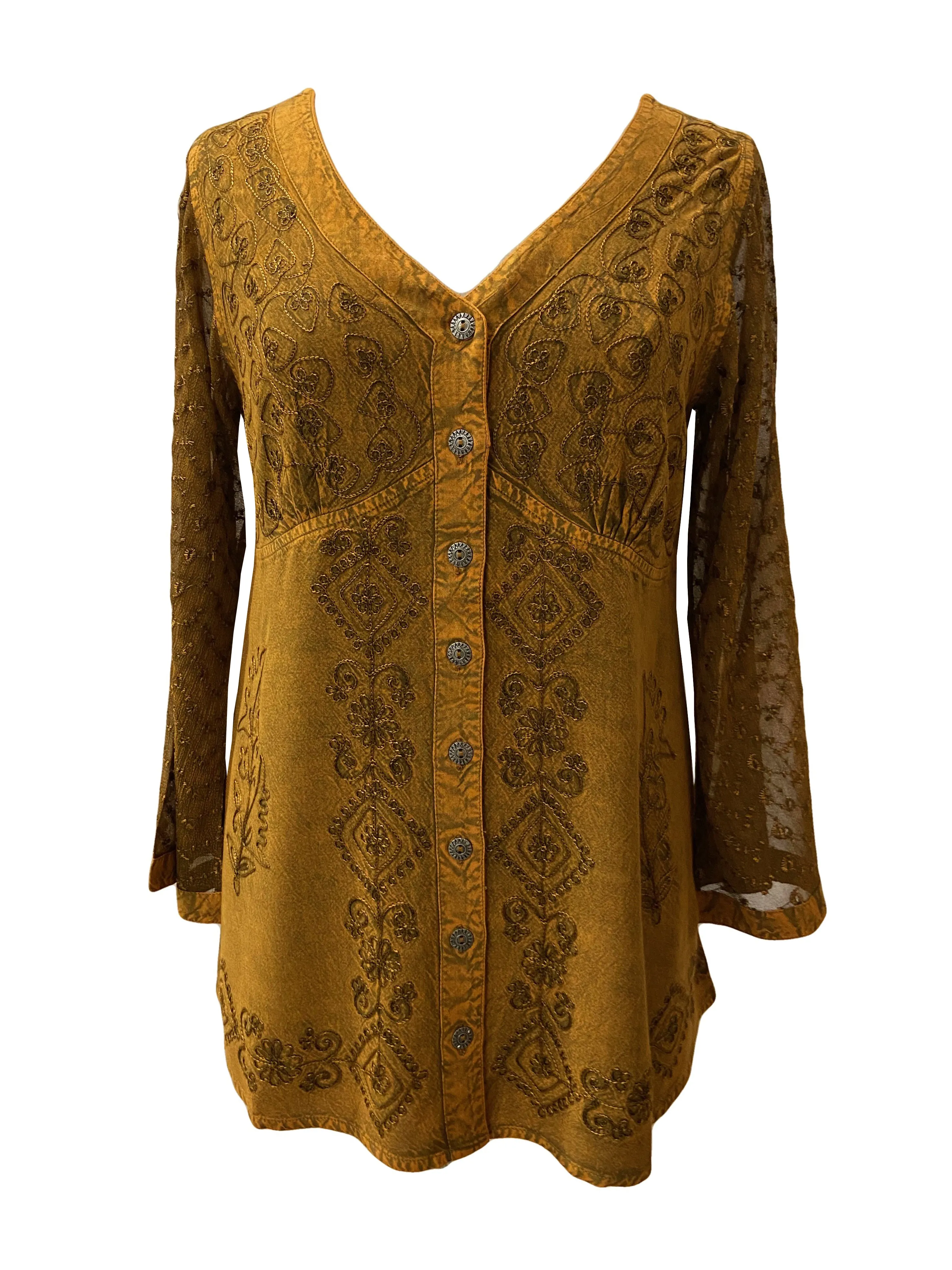 151 B Medieval Victorian Gothic embroidered button down sheer lace sleeve blouse
