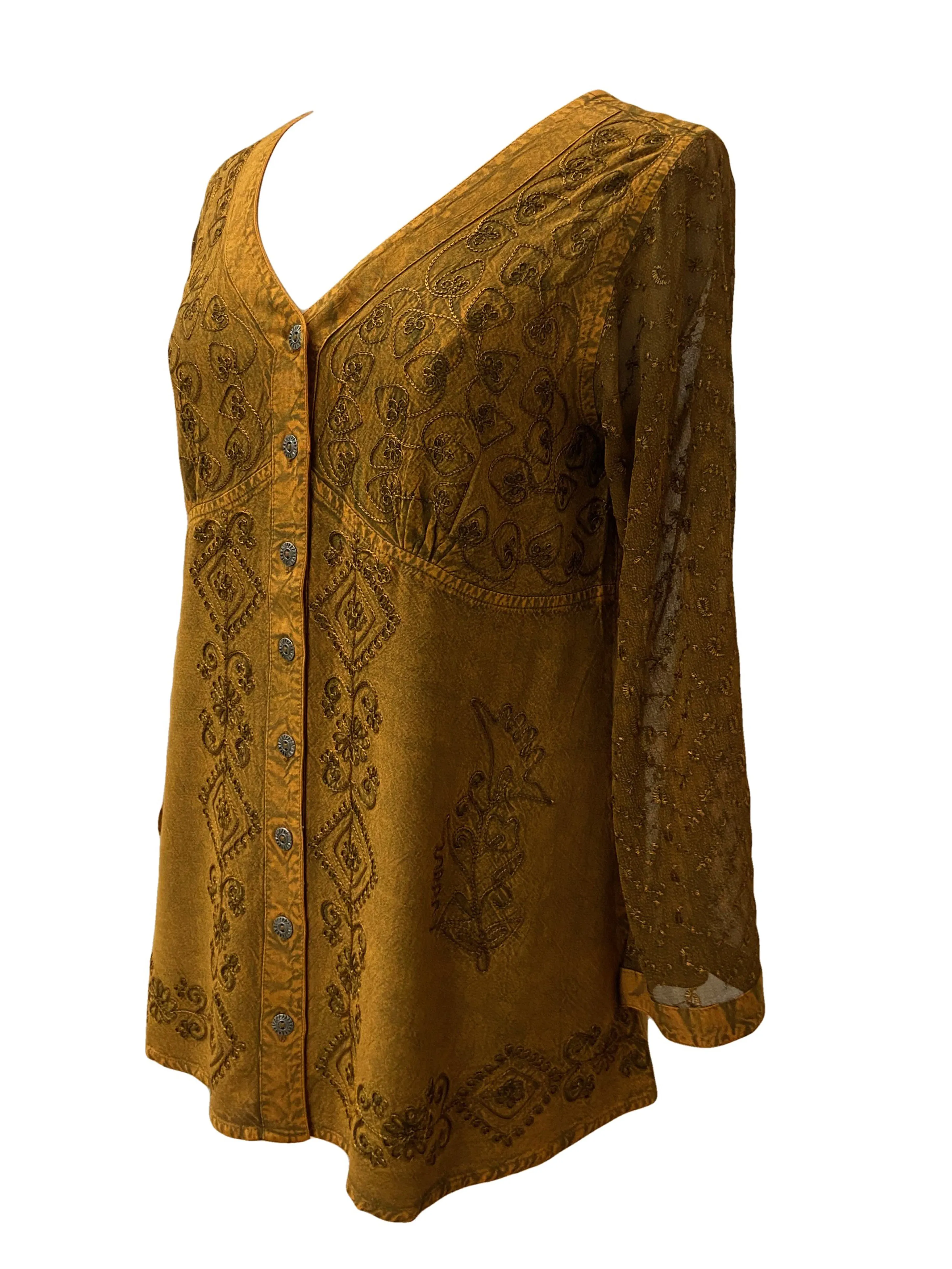 151 B Medieval Victorian Gothic embroidered button down sheer lace sleeve blouse