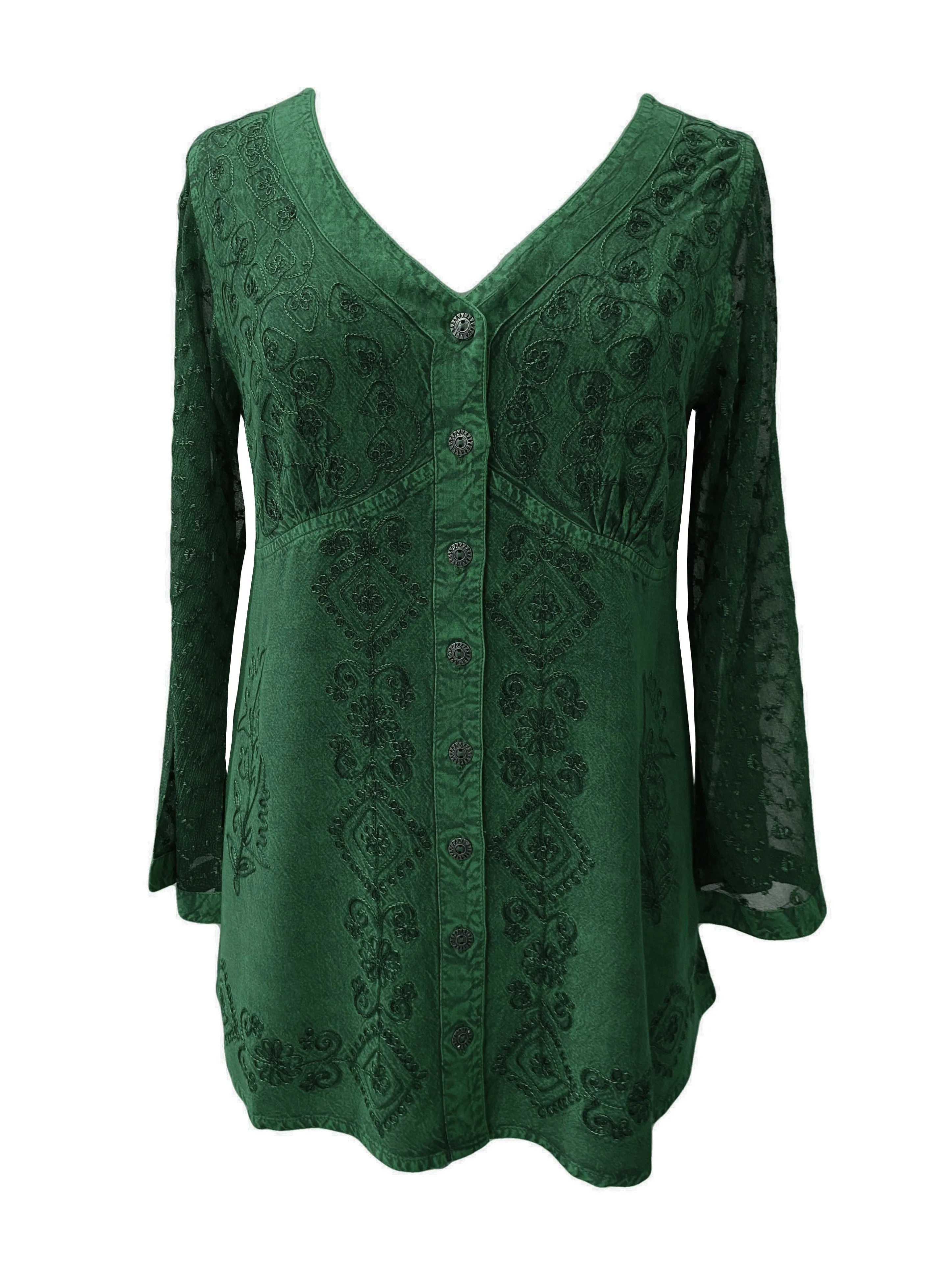 151 B Medieval Victorian Gothic embroidered button down sheer lace sleeve blouse