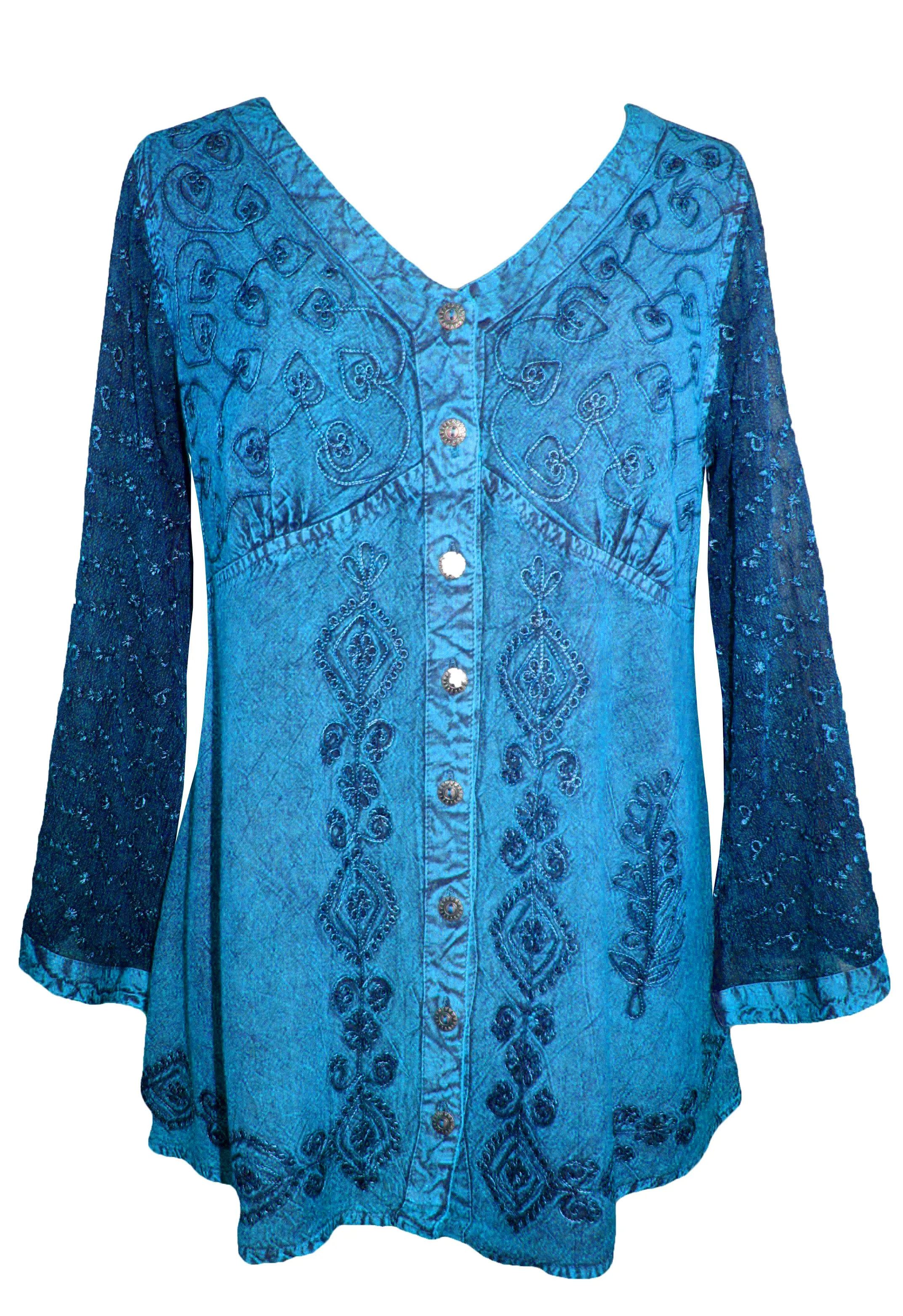 151 B Medieval Victorian Gothic embroidered button down sheer lace sleeve blouse