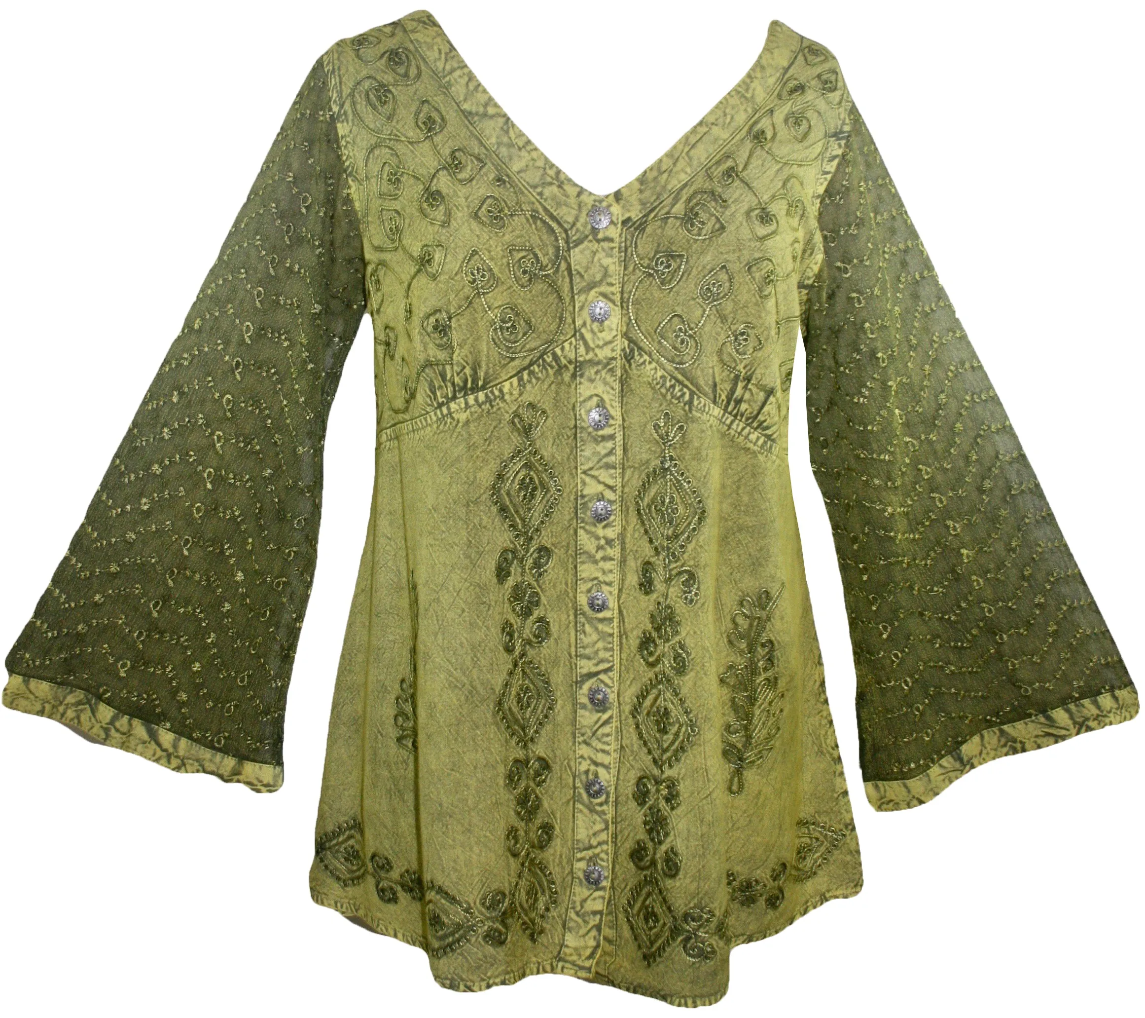 151 B Medieval Victorian Gothic embroidered button down sheer lace sleeve blouse