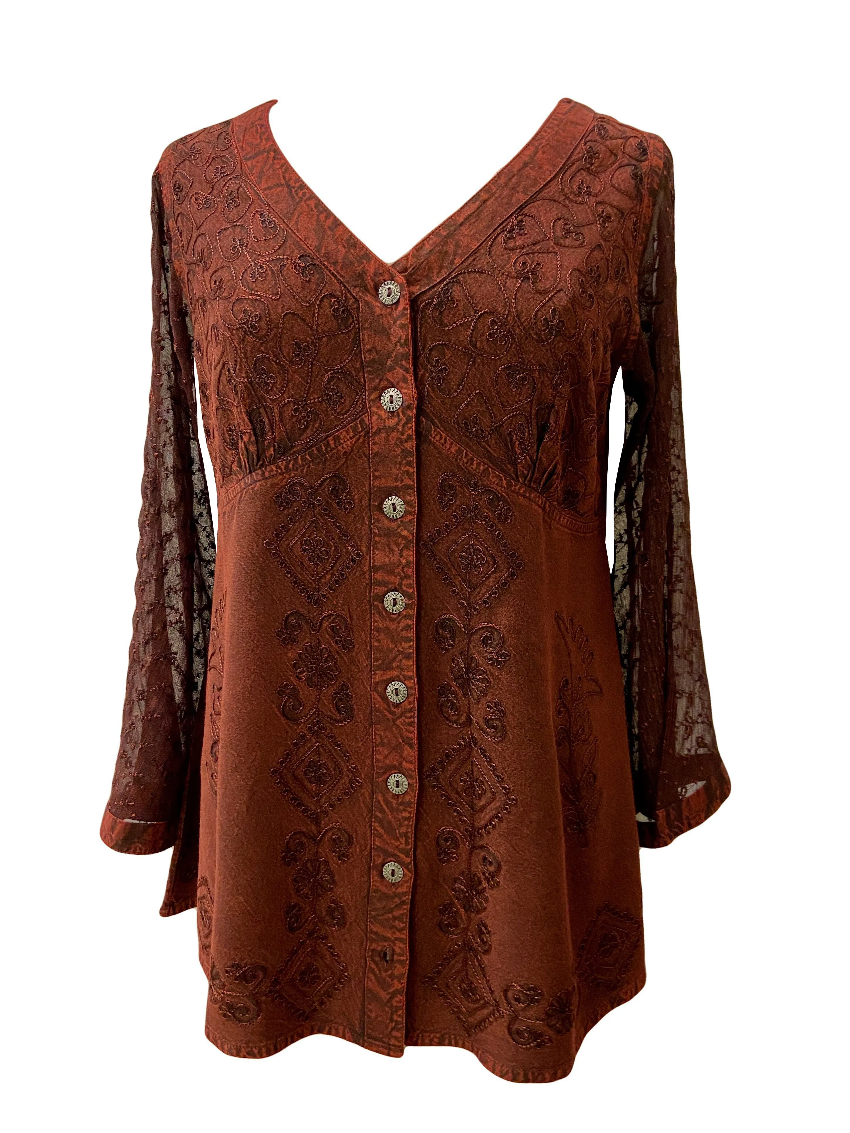 151 B Medieval Victorian Gothic embroidered button down sheer lace sleeve blouse