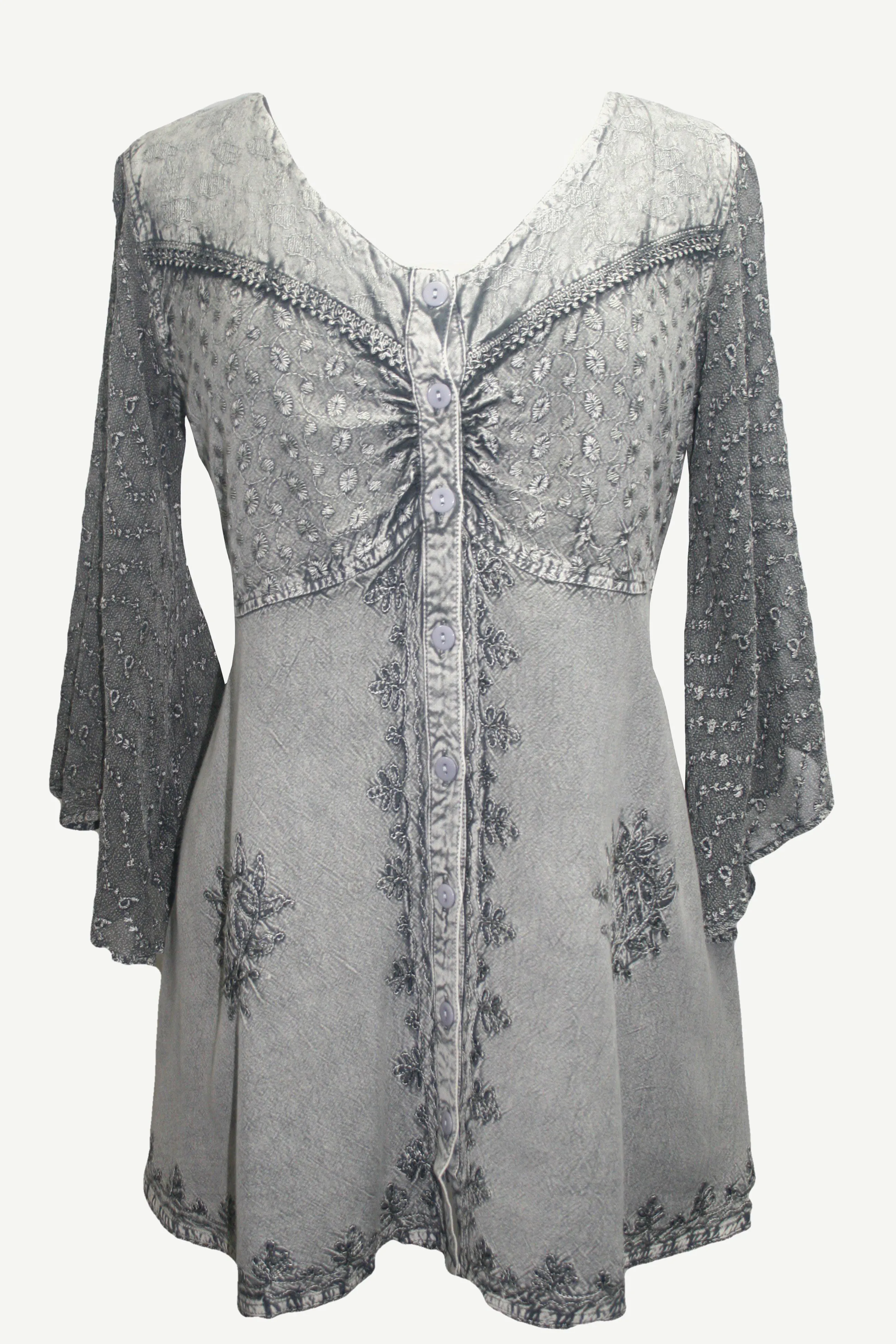 18 607 B Medieval Gothic Embroidered Button Down Sheer Lace Sleeve Top Blouse