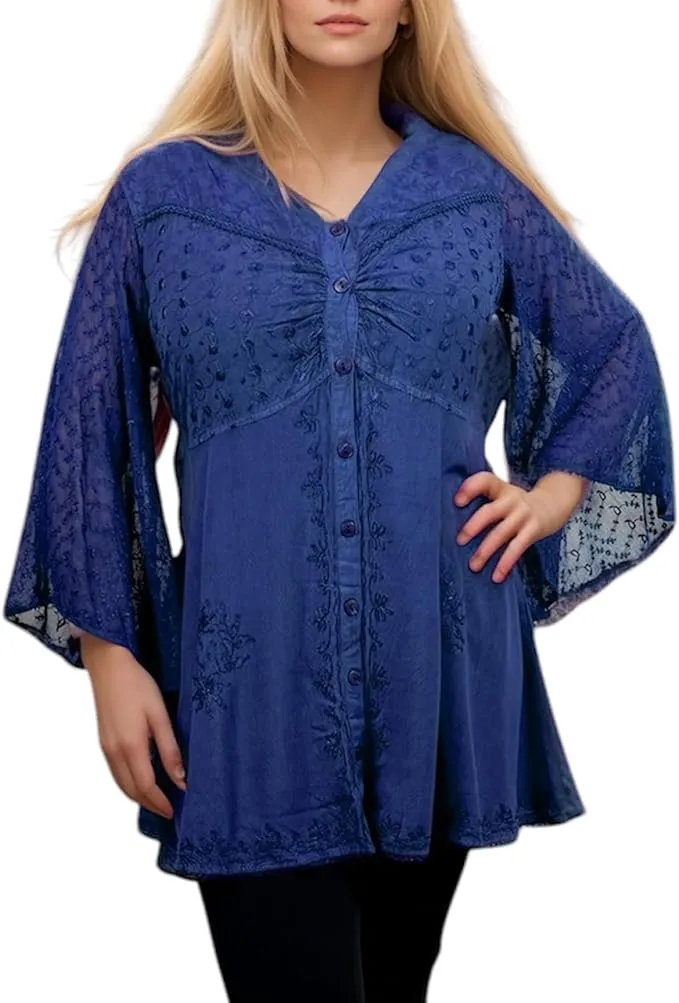 18 607 B Medieval Gothic Embroidered Button Down Sheer Lace Sleeve Top Blouse