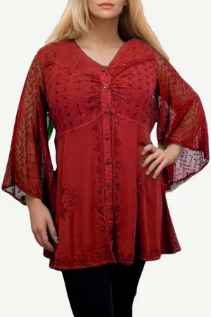 18 607 B Medieval Gothic Embroidered Button Down Sheer Lace Sleeve Top Blouse