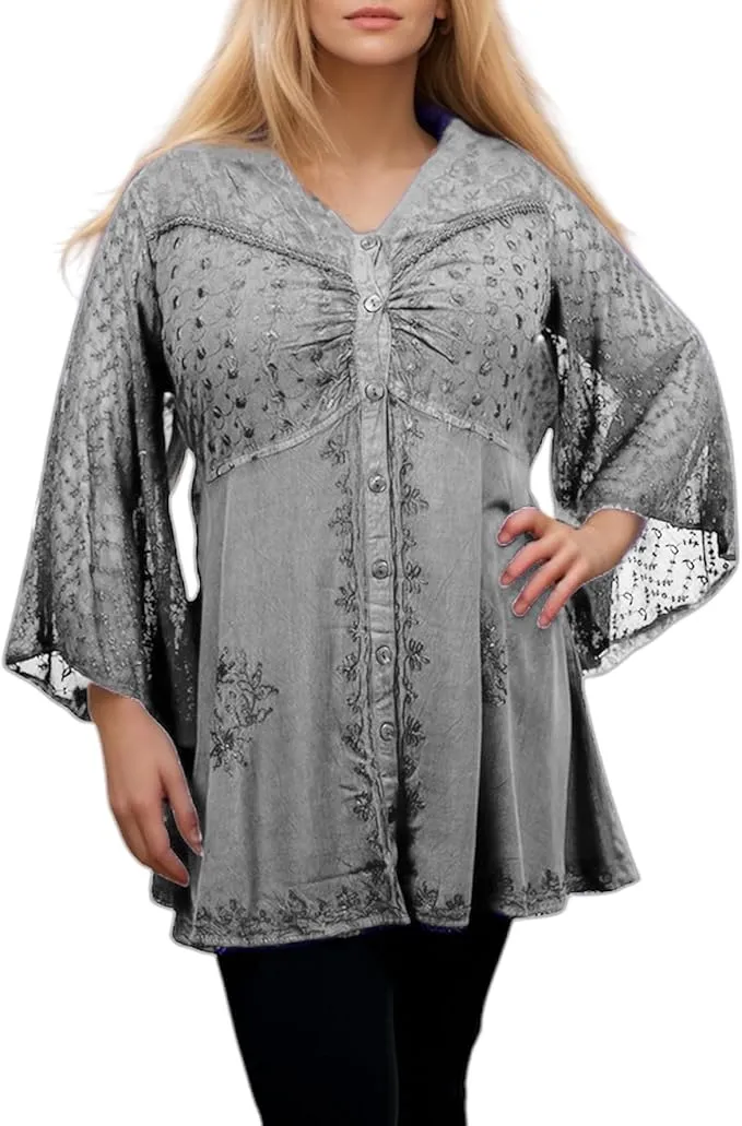 18 607 B Medieval Gothic Embroidered Button Down Sheer Lace Sleeve Top Blouse