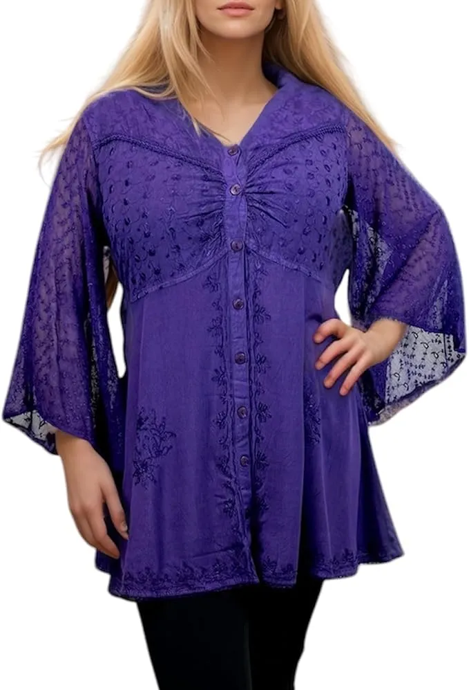 18 607 B Medieval Gothic Embroidered Button Down Sheer Lace Sleeve Top Blouse