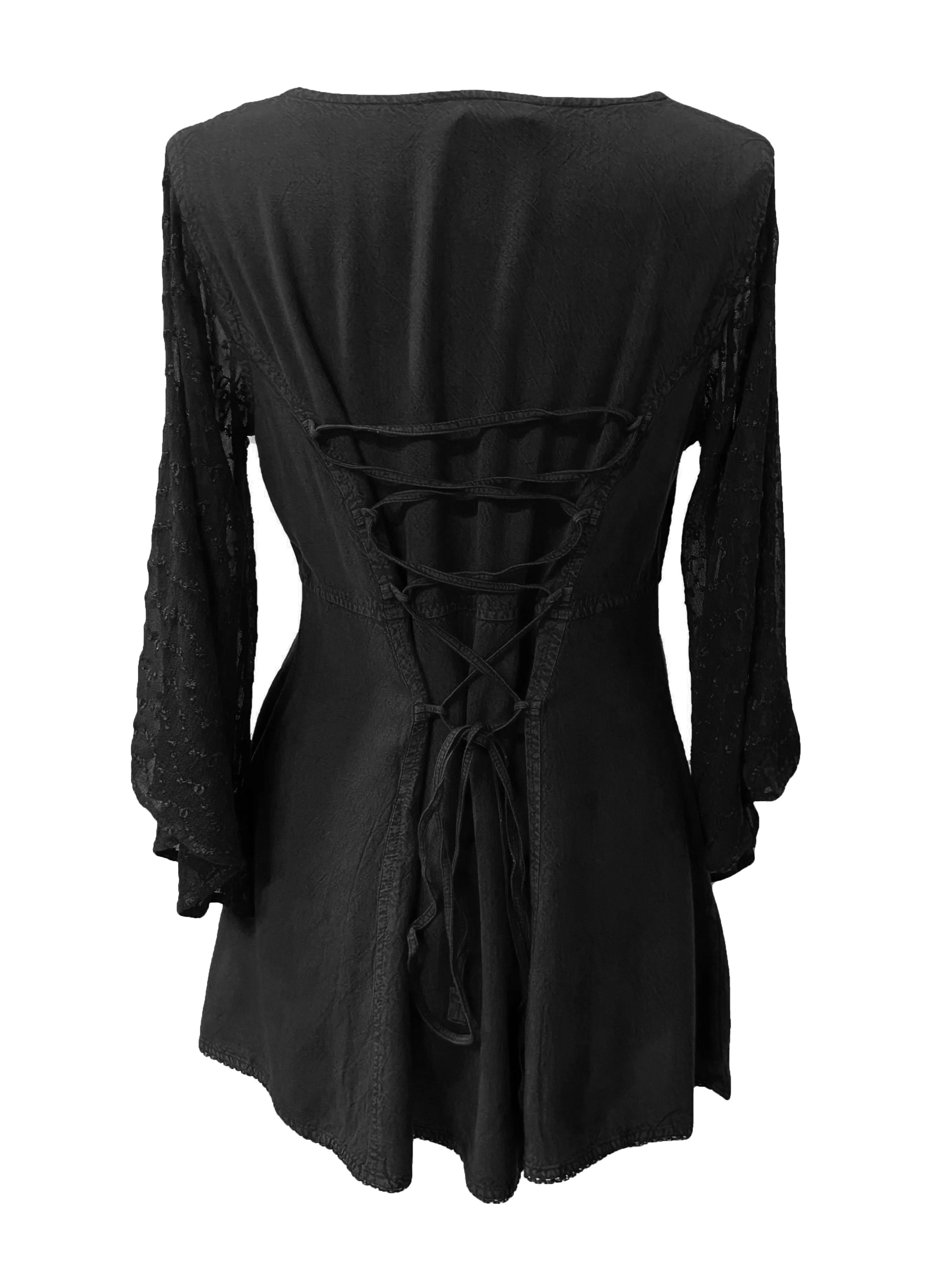 18 607 B Medieval Gothic Embroidered Button Down Sheer Lace Sleeve Top Blouse