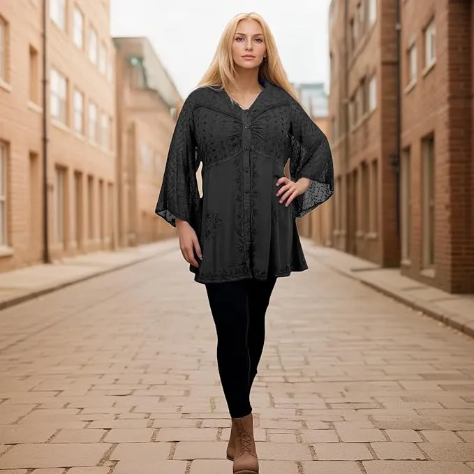 18 607 B Medieval Gothic Embroidered Button Down Sheer Lace Sleeve Top Blouse