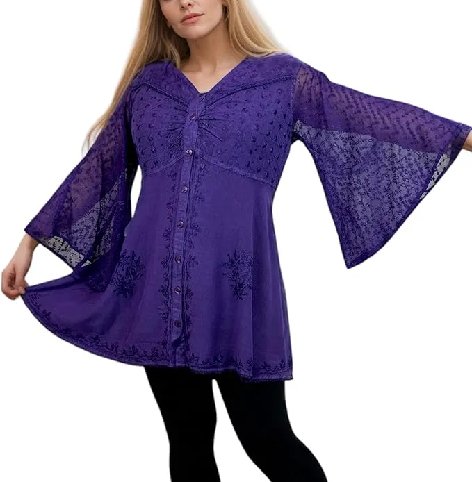 18 607 B Medieval Gothic Embroidered Button Down Sheer Lace Sleeve Top Blouse