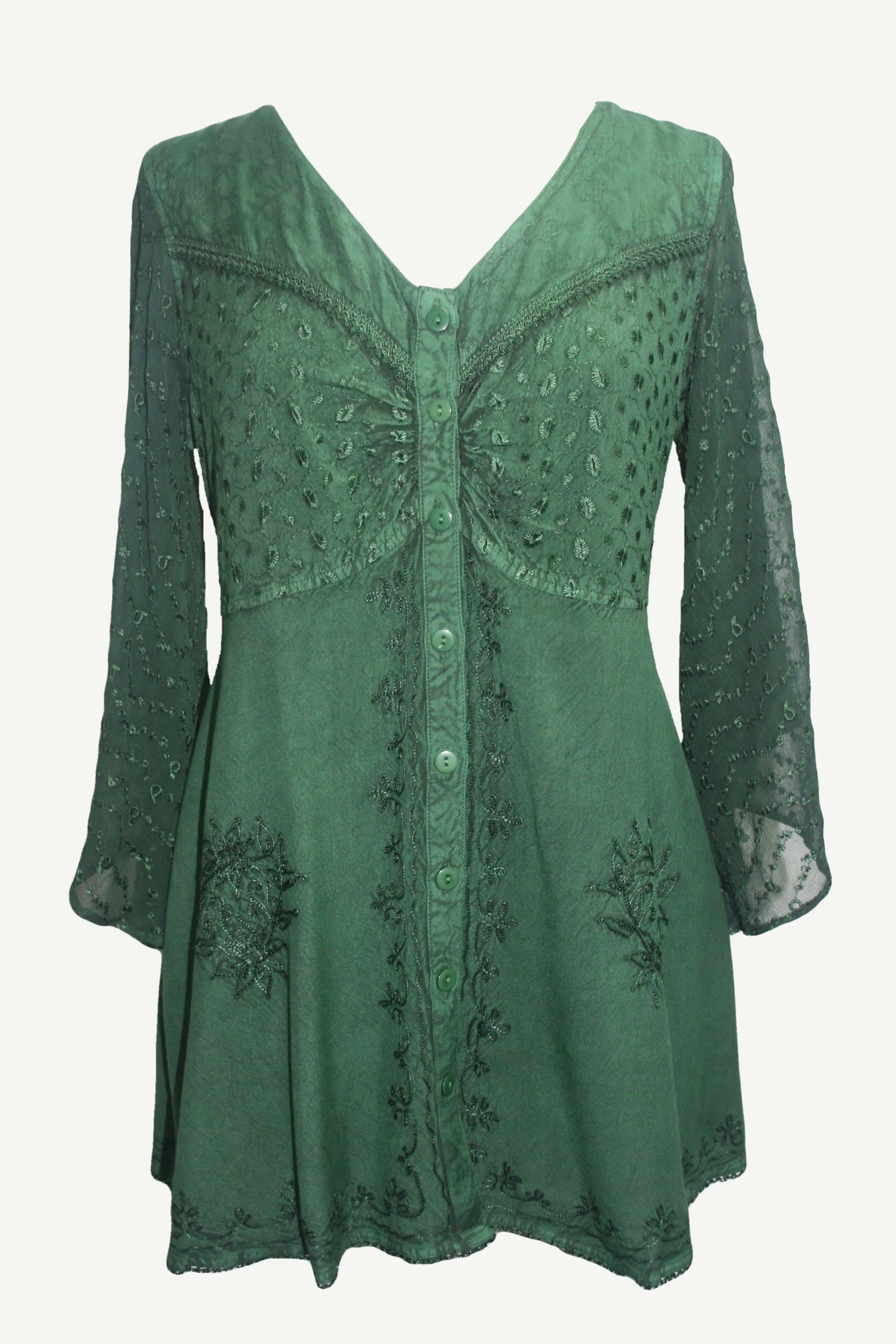 18 607 B Medieval Gothic Embroidered Button Down Sheer Lace Sleeve Top Blouse