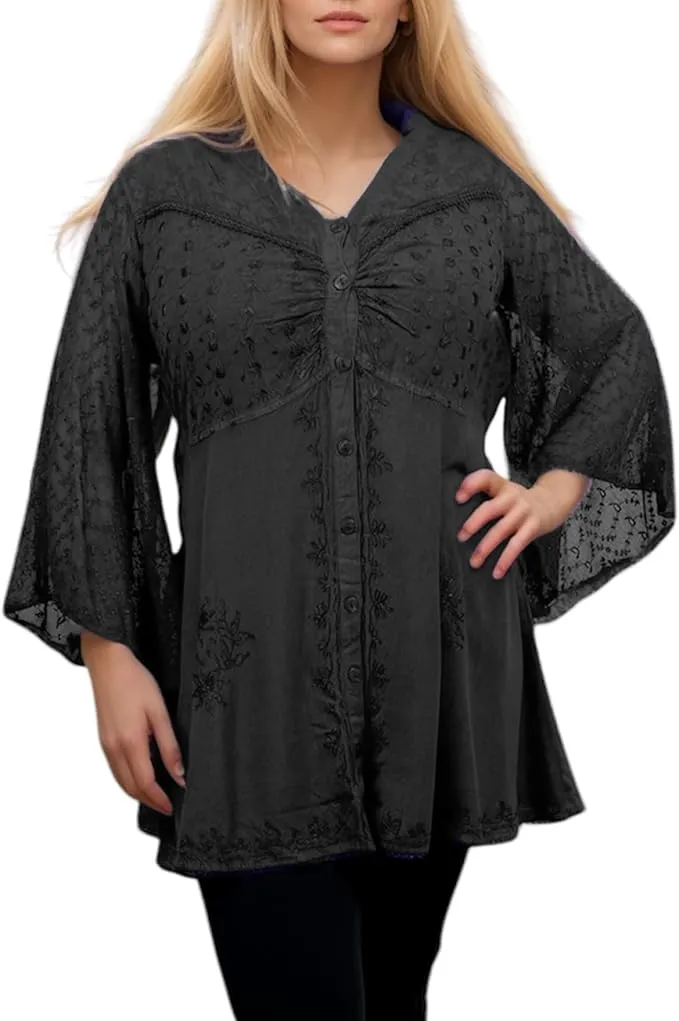 18 607 B Medieval Gothic Embroidered Button Down Sheer Lace Sleeve Top Blouse