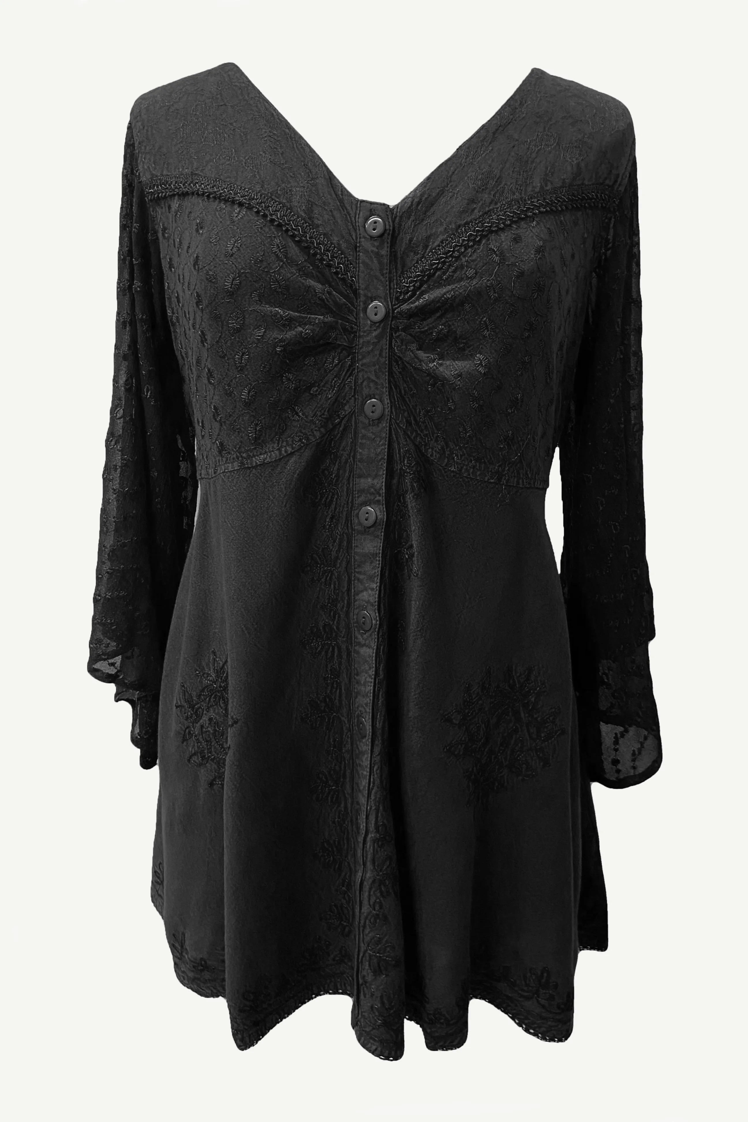 18 607 B Medieval Gothic Embroidered Button Down Sheer Lace Sleeve Top Blouse