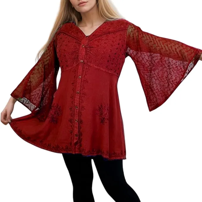 18 607 B Medieval Gothic Embroidered Button Down Sheer Lace Sleeve Top Blouse