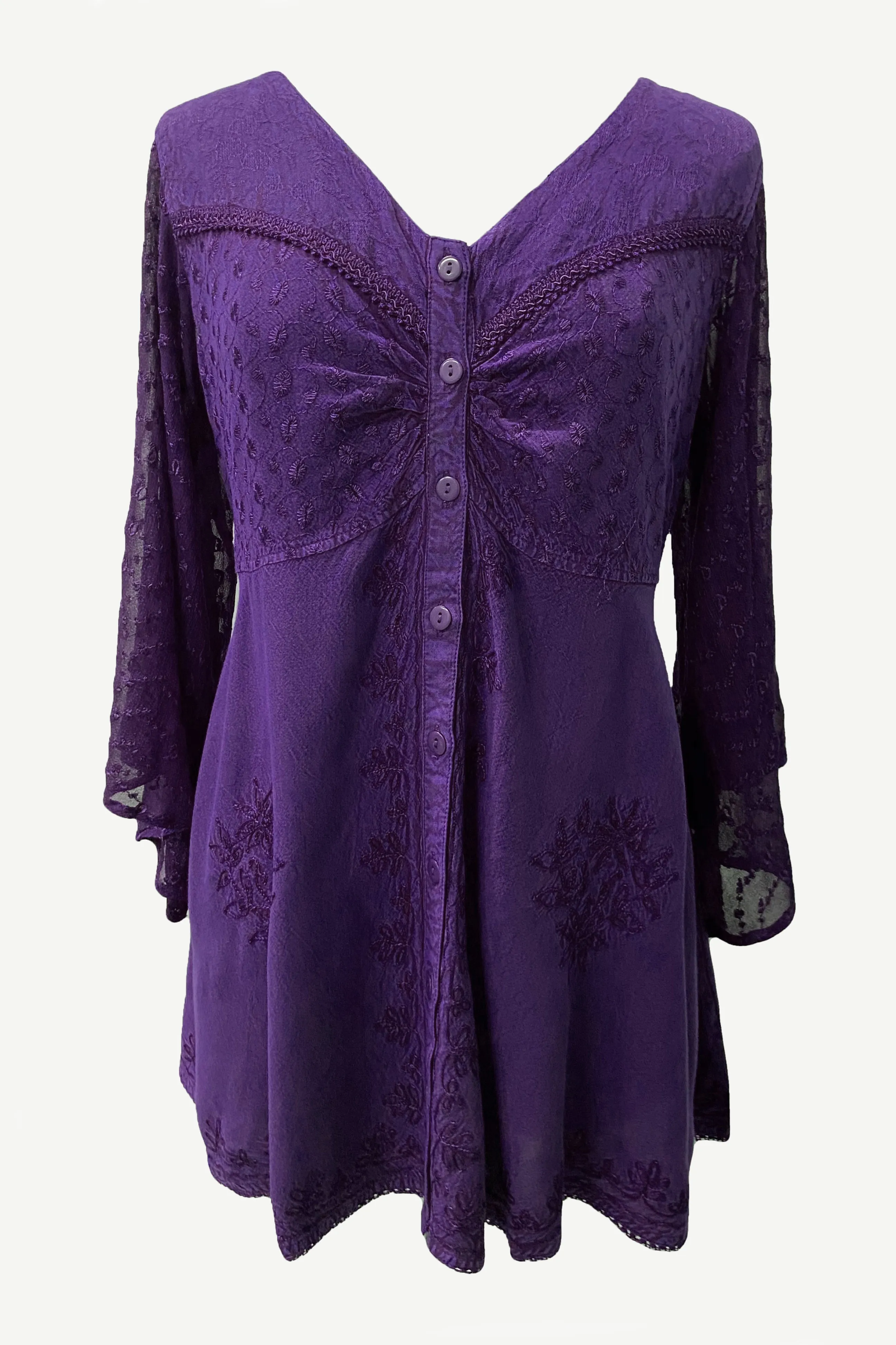 18 607 B Medieval Gothic Embroidered Button Down Sheer Lace Sleeve Top Blouse
