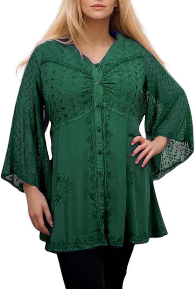 18 607 B Medieval Gothic Embroidered Button Down Sheer Lace Sleeve Top Blouse