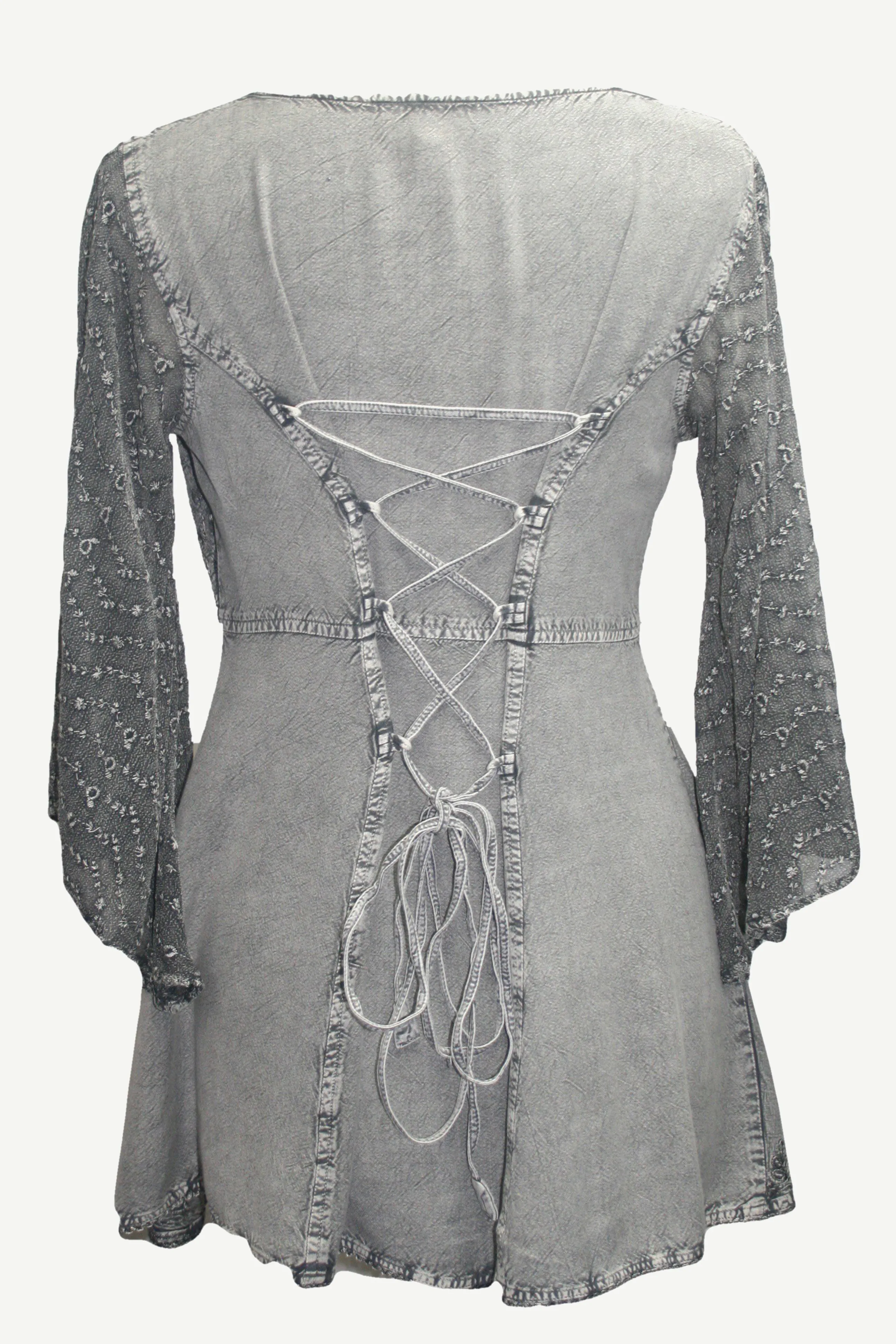18 607 B Medieval Gothic Embroidered Button Down Sheer Lace Sleeve Top Blouse