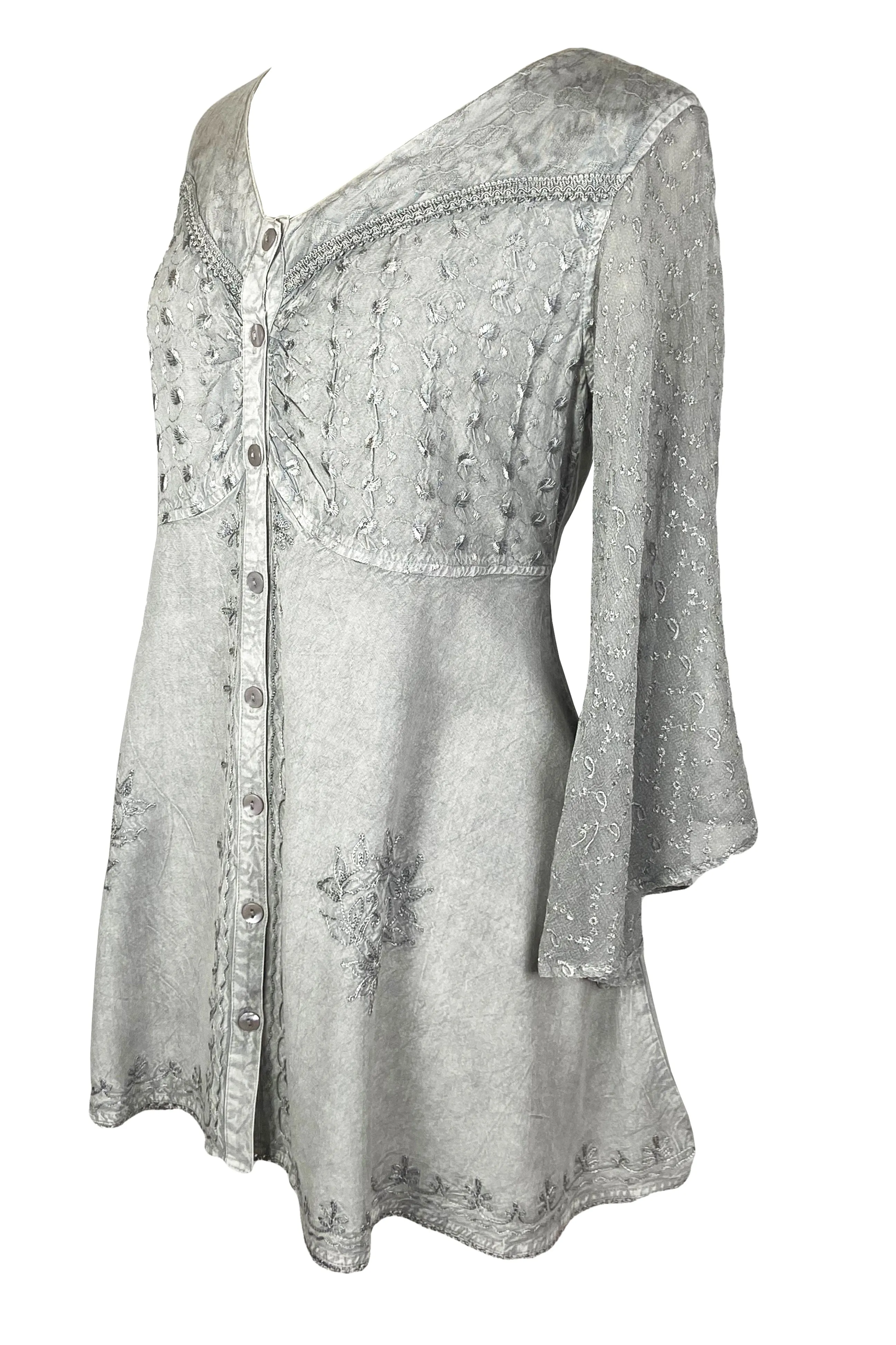 18 607 B Medieval Gothic Embroidered Button Down Sheer Lace Sleeve Top Blouse