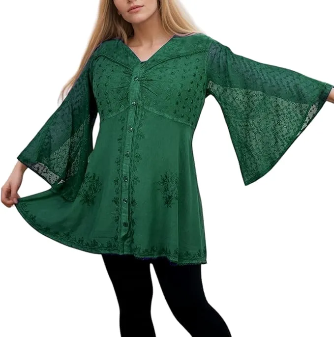 18 607 B Medieval Gothic Embroidered Button Down Sheer Lace Sleeve Top Blouse