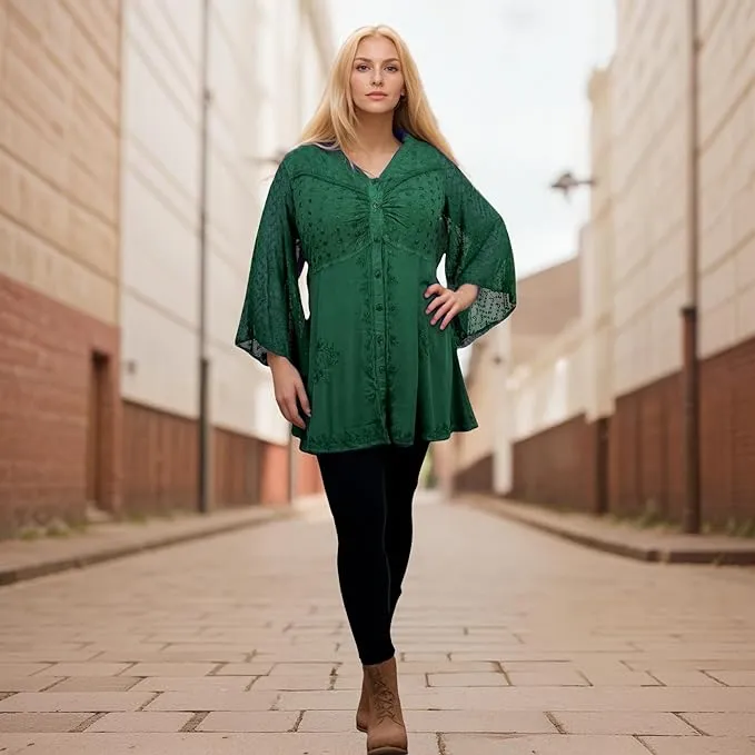 18 607 B Medieval Gothic Embroidered Button Down Sheer Lace Sleeve Top Blouse