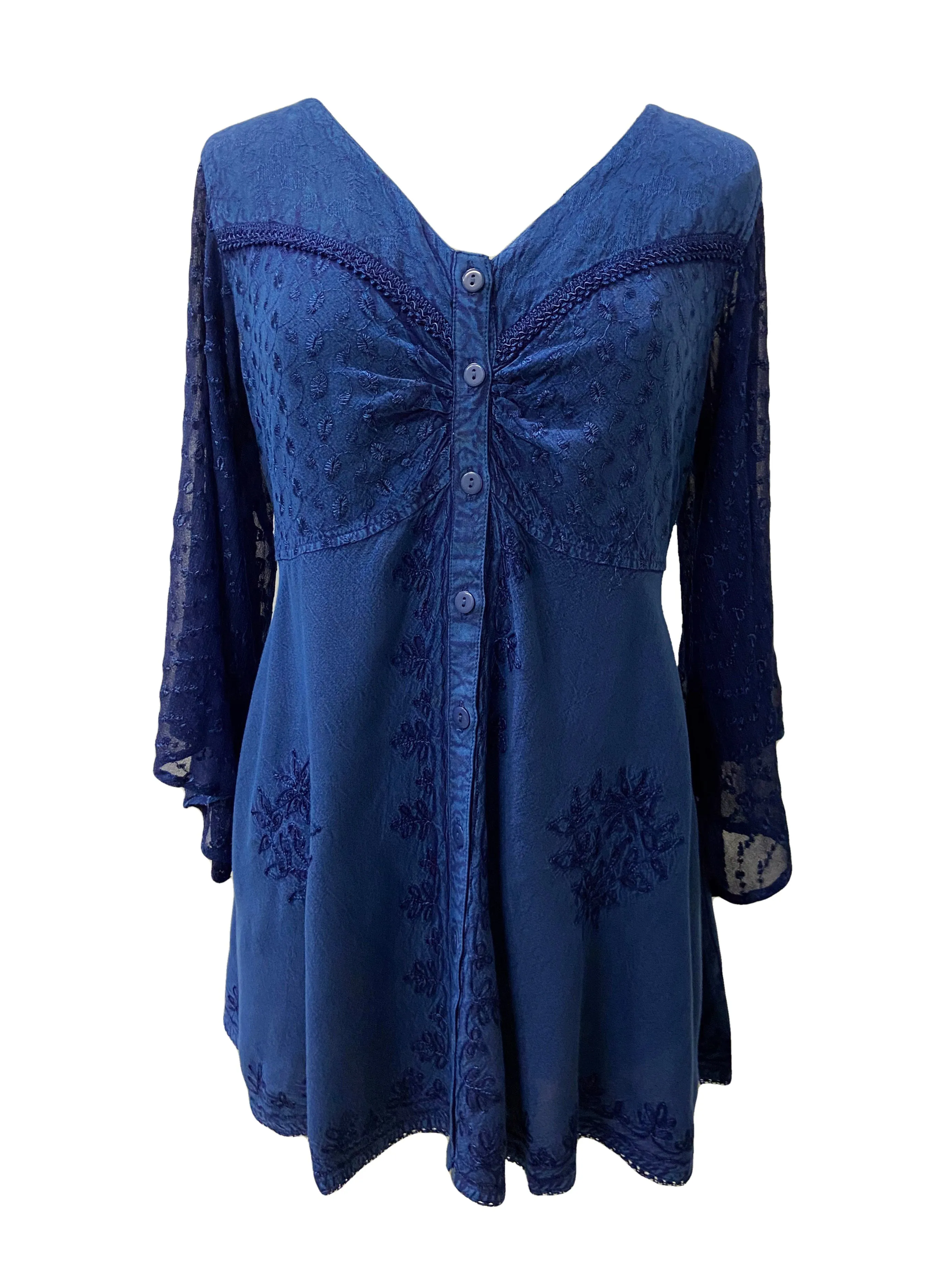 18 607 B Medieval Gothic Embroidered Button Down Sheer Lace Sleeve Top Blouse