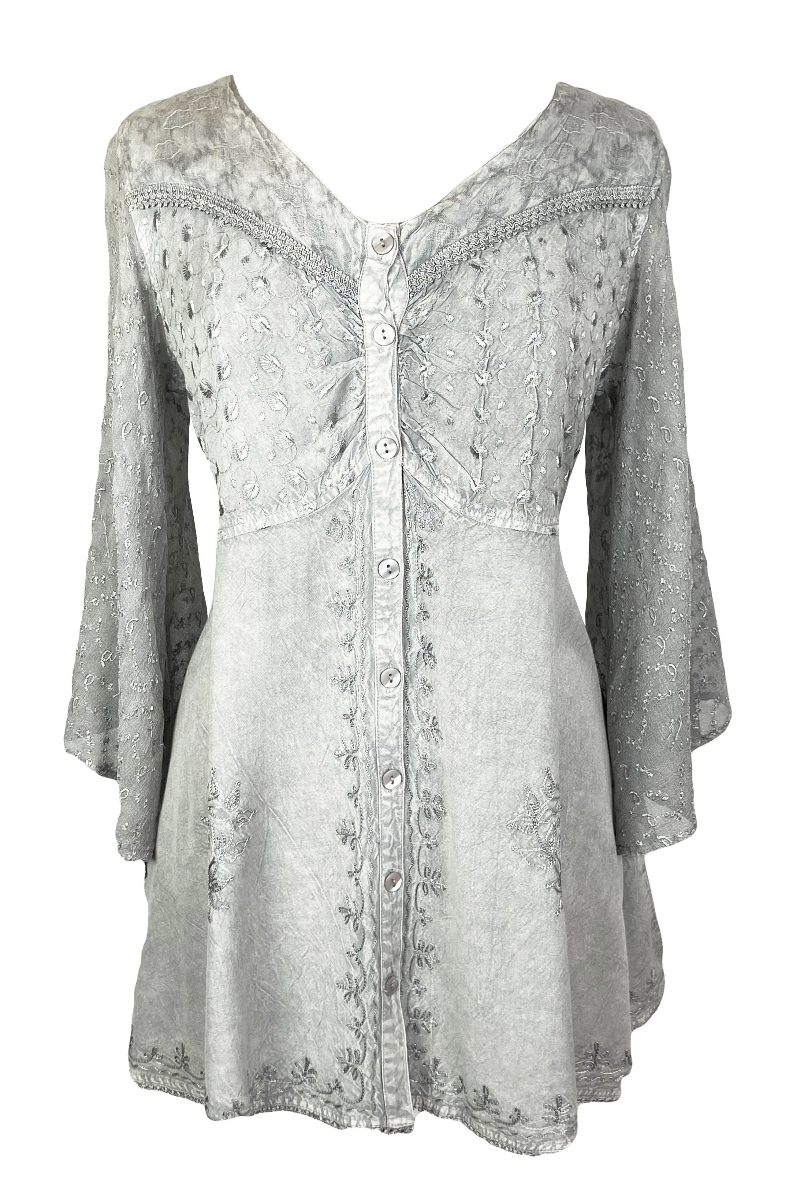 18 607 B Medieval Gothic Embroidered Button Down Sheer Lace Sleeve Top Blouse