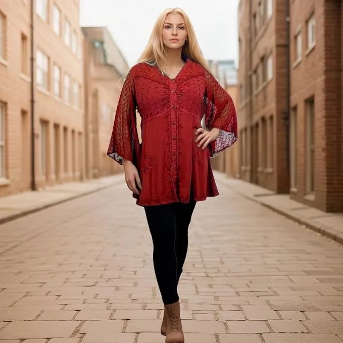 18 607 B Medieval Gothic Embroidered Button Down Sheer Lace Sleeve Top Blouse