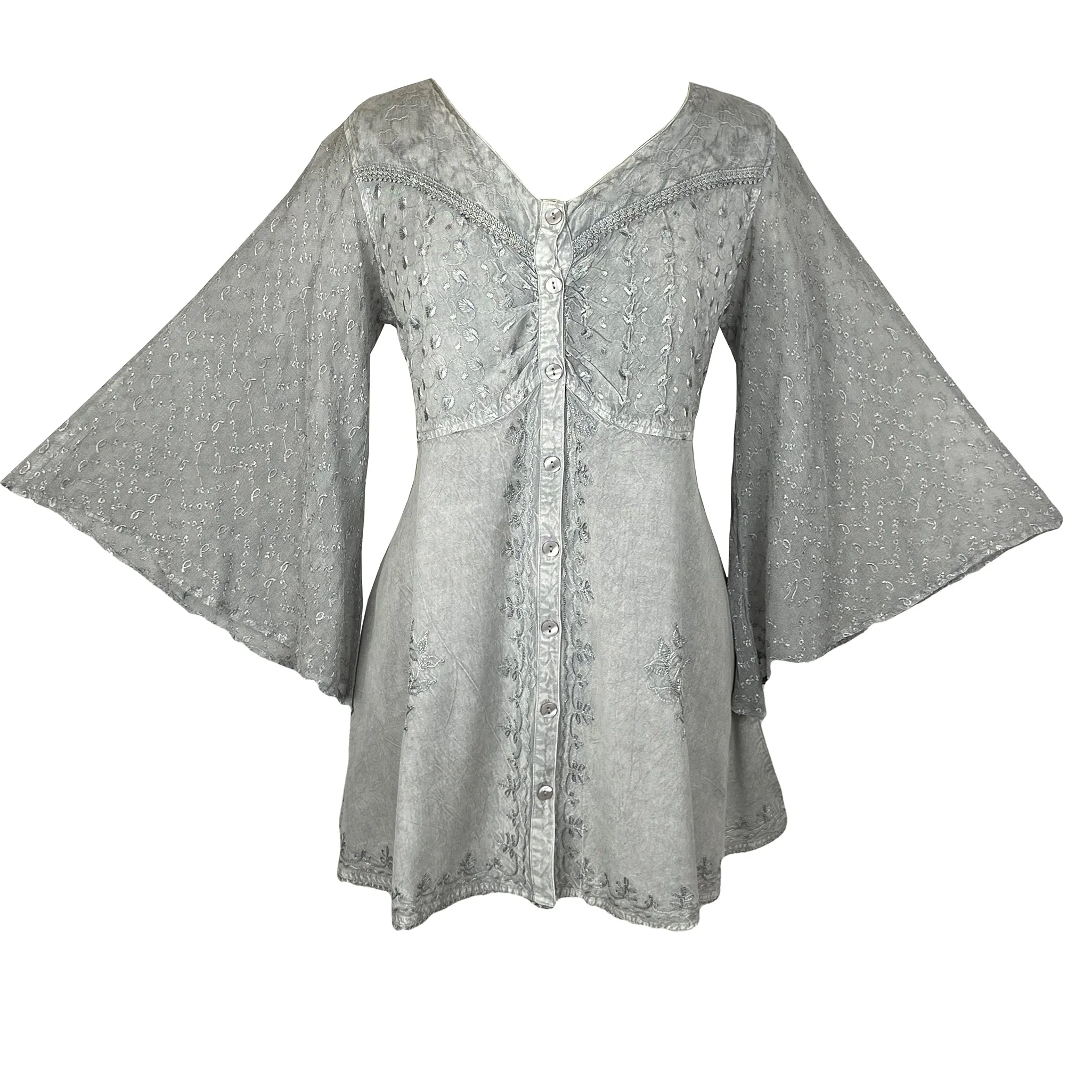 18 607 B Medieval Gothic Embroidered Button Down Sheer Lace Sleeve Top Blouse