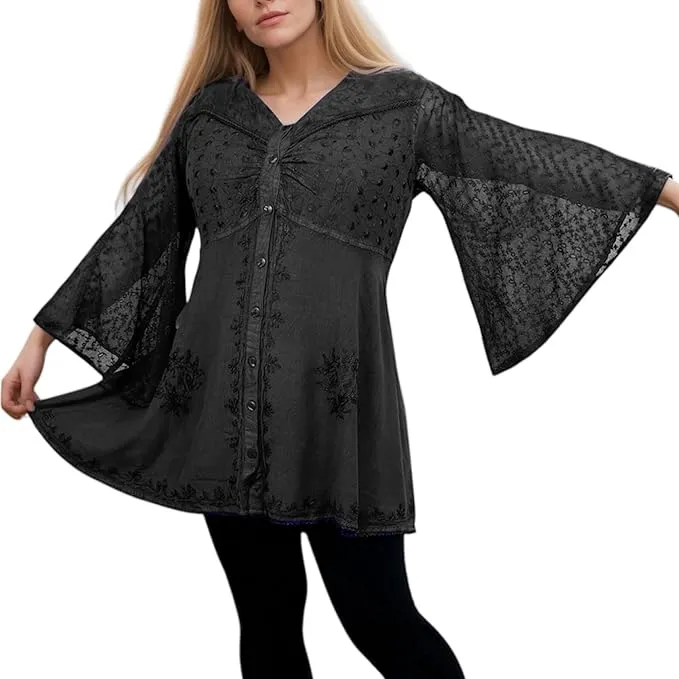 18 607 B Medieval Gothic Embroidered Button Down Sheer Lace Sleeve Top Blouse