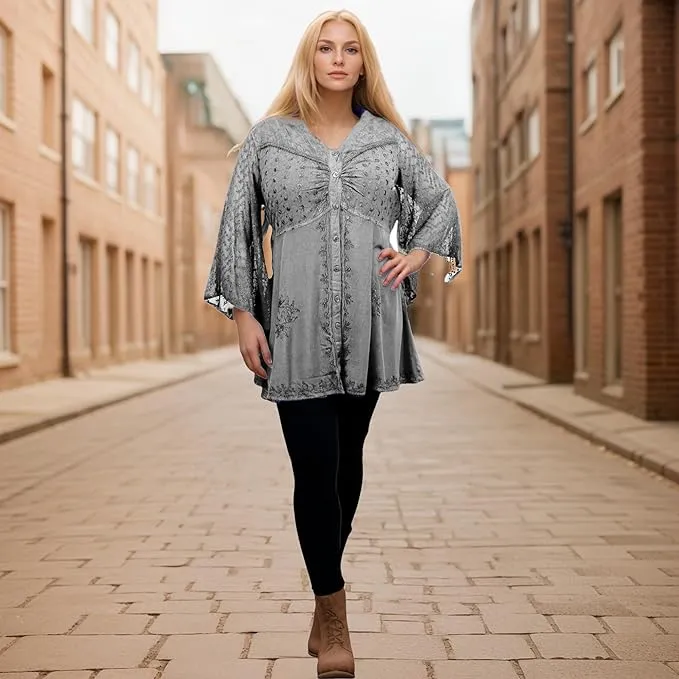 18 607 B Medieval Gothic Embroidered Button Down Sheer Lace Sleeve Top Blouse