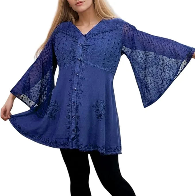 18 607 B Medieval Gothic Embroidered Button Down Sheer Lace Sleeve Top Blouse