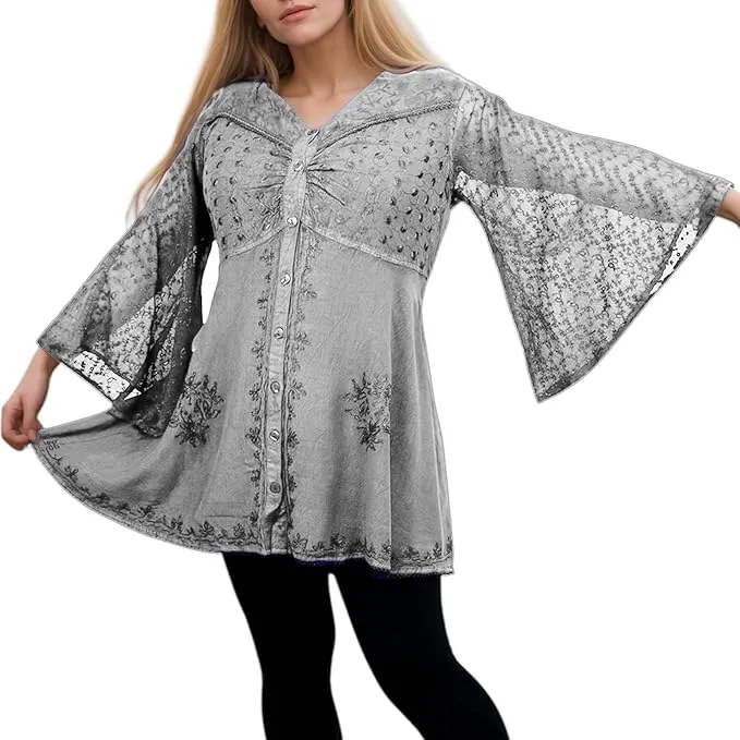 18 607 B Medieval Gothic Embroidered Button Down Sheer Lace Sleeve Top Blouse