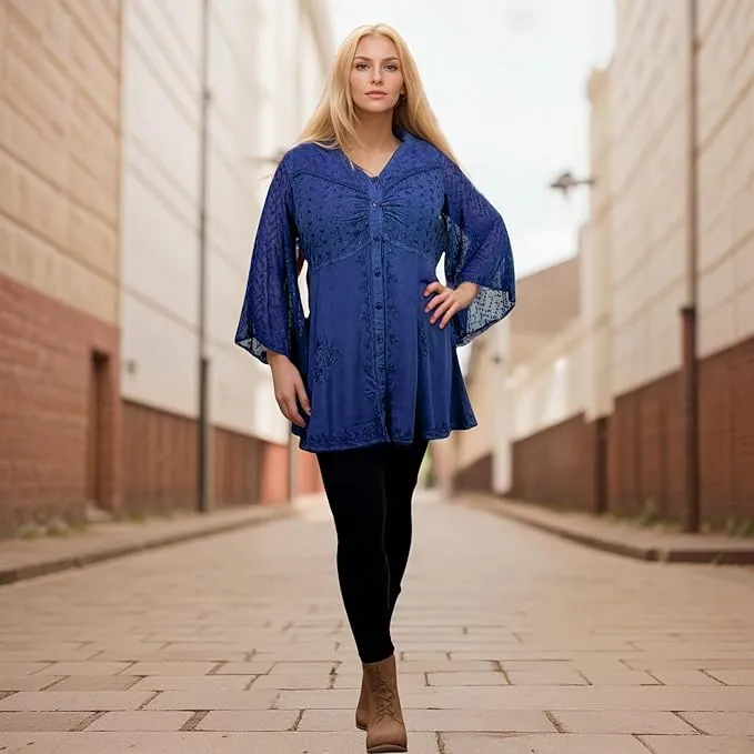18 607 B Medieval Gothic Embroidered Button Down Sheer Lace Sleeve Top Blouse