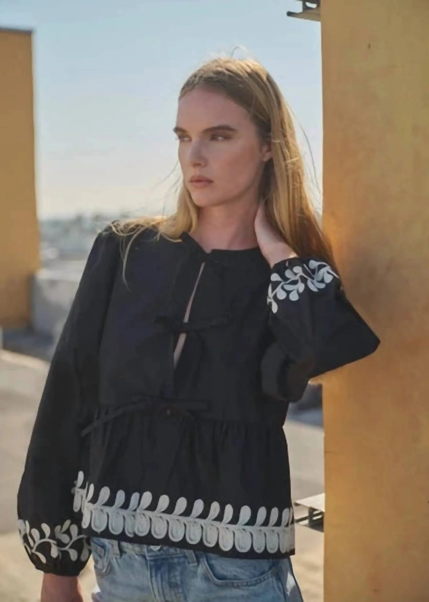 Aaron & Amber - Embroidered Bow Tie Peplum Blouse