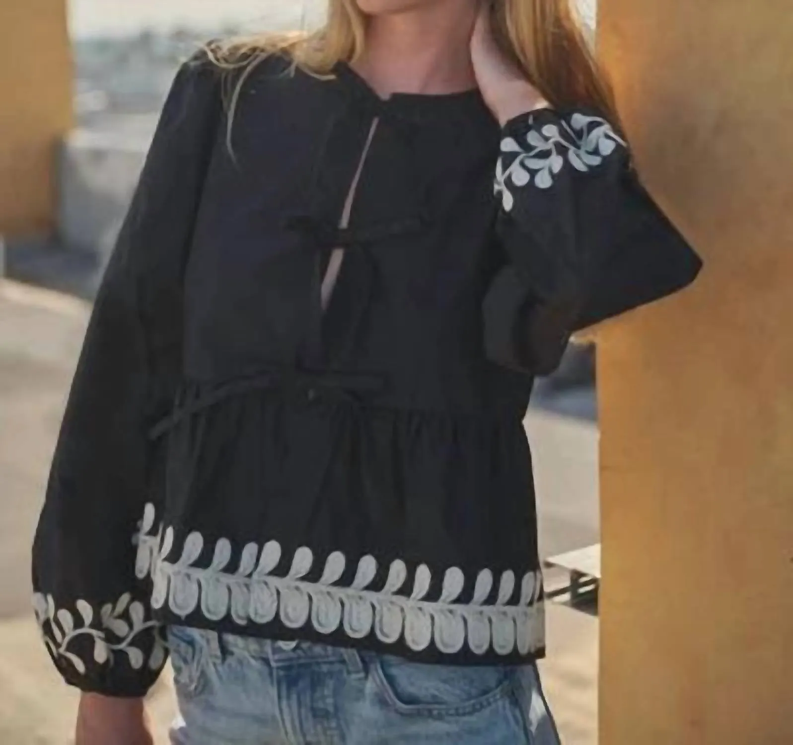 Aaron & Amber - Embroidered Bow Tie Peplum Blouse