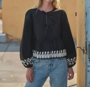 Aaron & Amber - Embroidered Bow Tie Peplum Blouse