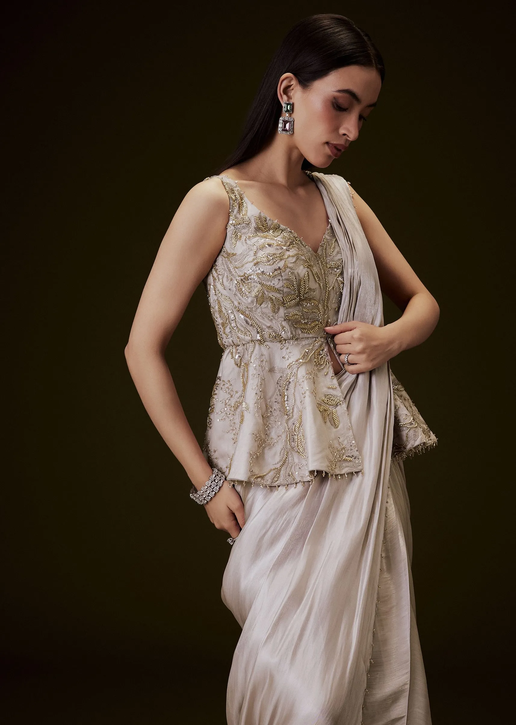 Champion Peach Sequence Embroidered Peplum Top With Saree