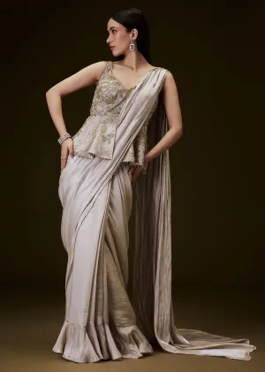 Champion Peach Sequence Embroidered Peplum Top With Saree