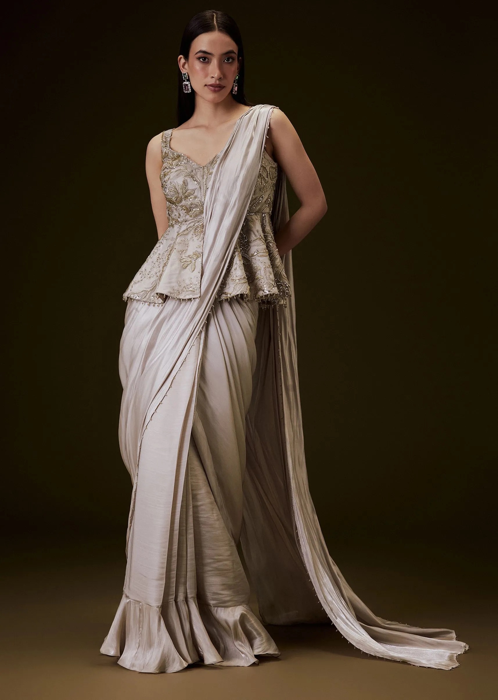 Champion Peach Sequence Embroidered Peplum Top With Saree