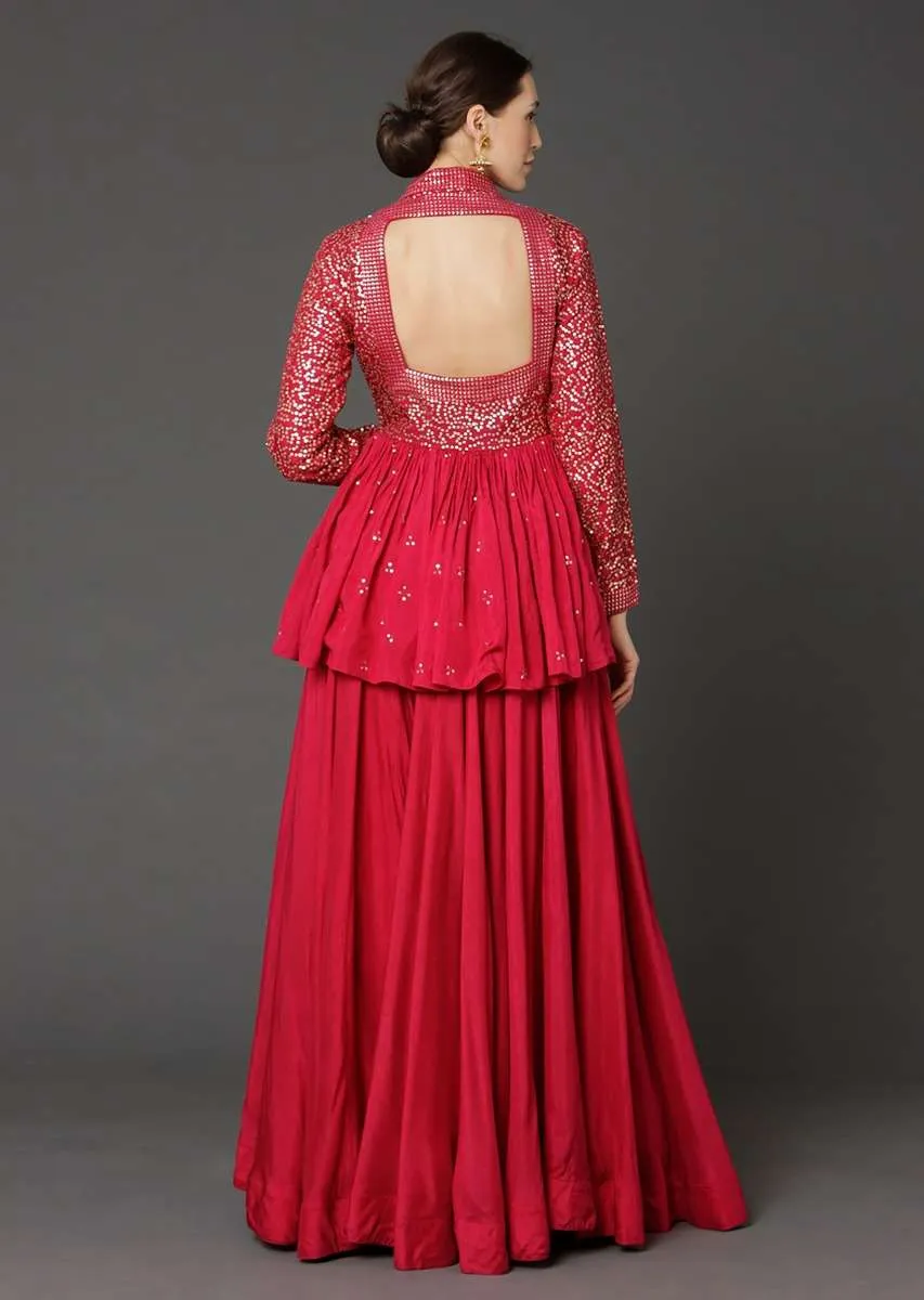 Cherry Red Peplum Top And Flared Palazzo Pants With Sequins Work Online - Kalki Fashion