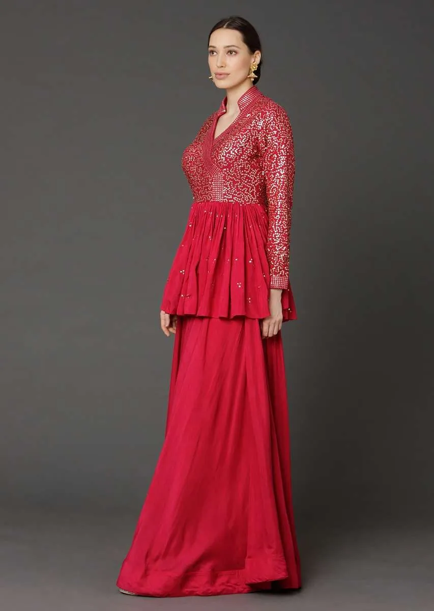 Cherry Red Peplum Top And Flared Palazzo Pants With Sequins Work Online - Kalki Fashion
