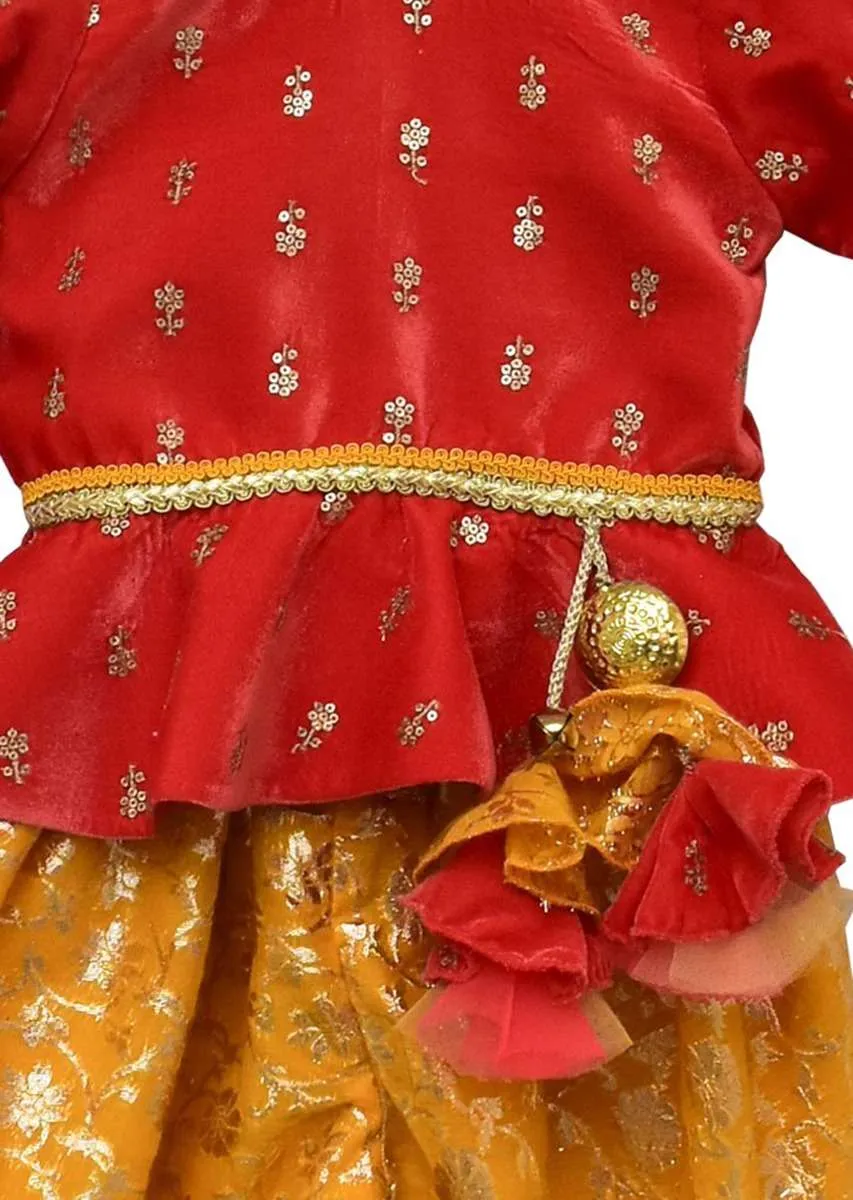 Coral Peplum Top In Velvet With Butti Work And Yellow Brocade Dhoti Bottoms By Fayon Kids