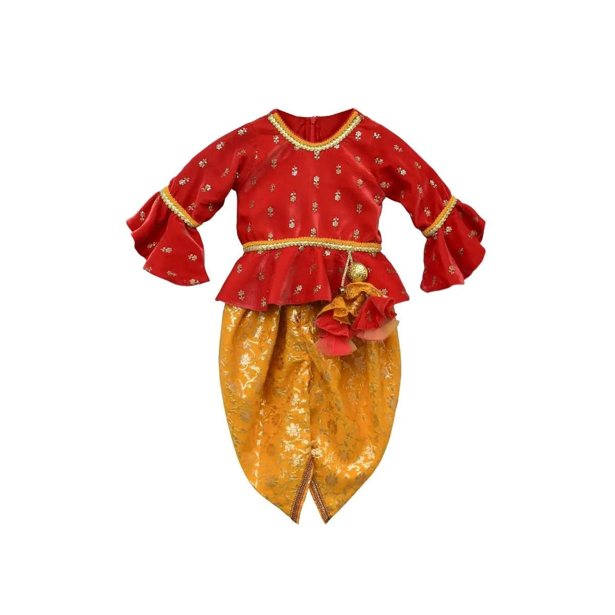 Coral Peplum Top In Velvet With Butti Work And Yellow Brocade Dhoti Bottoms By Fayon Kids