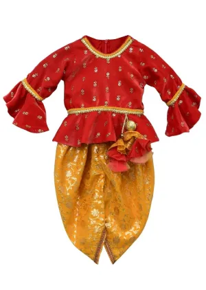 Coral Peplum Top In Velvet With Butti Work And Yellow Brocade Dhoti Bottoms By Fayon Kids