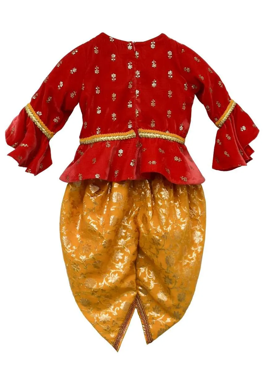 Coral Peplum Top In Velvet With Butti Work And Yellow Brocade Dhoti Bottoms By Fayon Kids