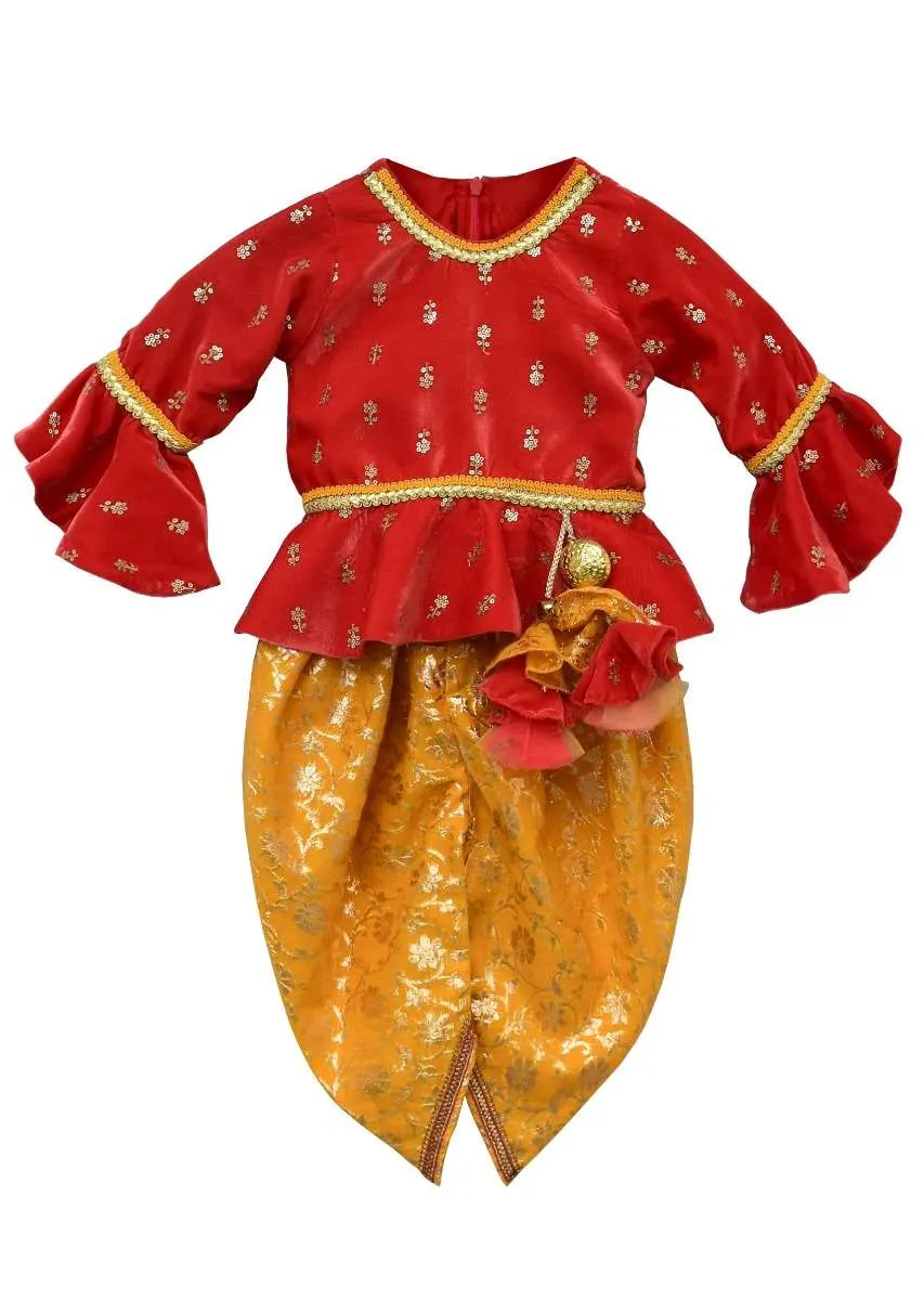 Coral Peplum Top In Velvet With Butti Work And Yellow Brocade Dhoti Bottoms By Fayon Kids